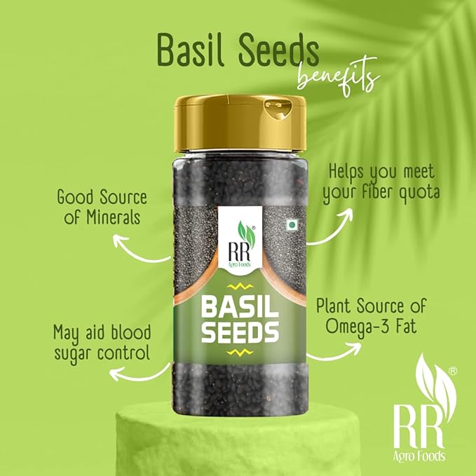RR AGRO FOODS Basil Seeds For Weight Management | Sabja Seeds | Reduce Body Heat | Tukmaria/Tukhmalanga | Tulsi beej for Eating & Falooda | High in Fibre & Omega 3