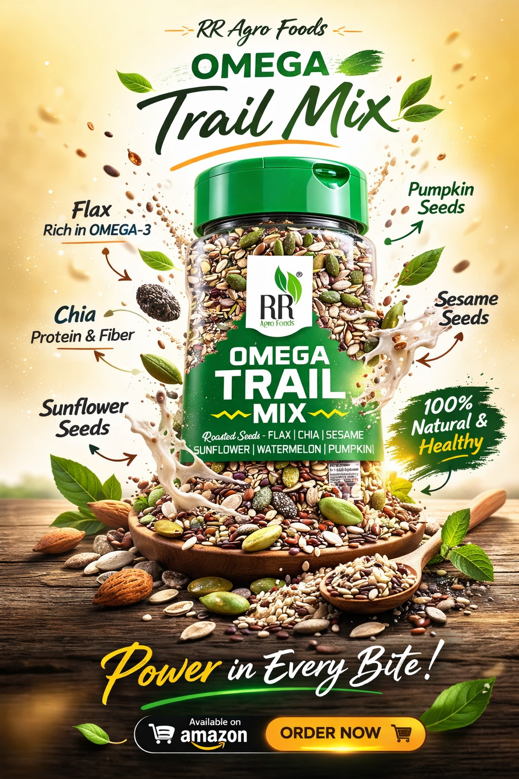 RR Agro Foods Omega Trail Mix Roasted Pumpkin, Watermelon, Sunflower, Flax, Black Sesame, White Sesame & Chia Seeds 150 GM - Diet Snacks, Healthy Food, Seeds Mix