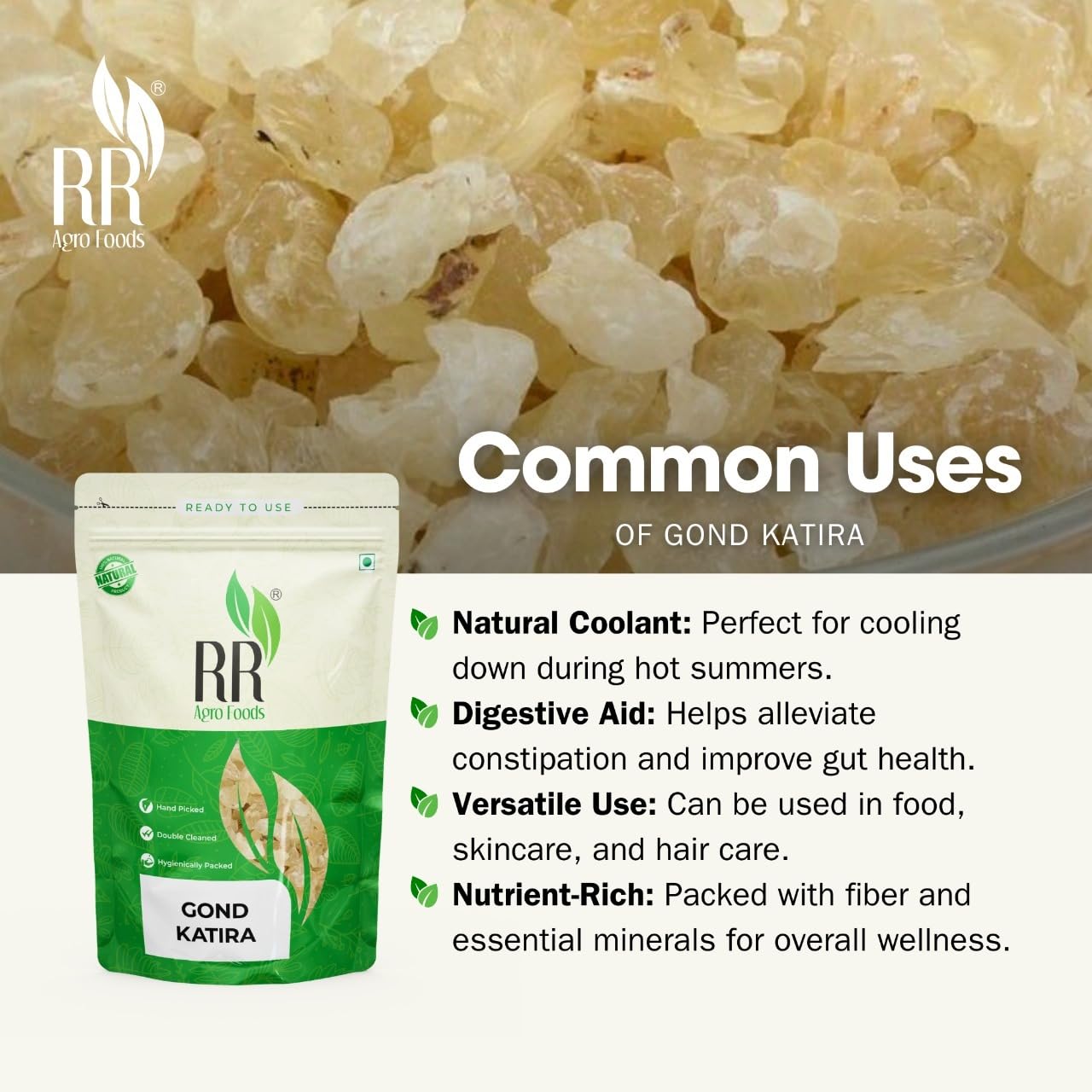 RR Agro Foods Gond Katira (Tragacanth Gum) - Pure & Natural - Edible Cooling Agent & Herbal Remedy