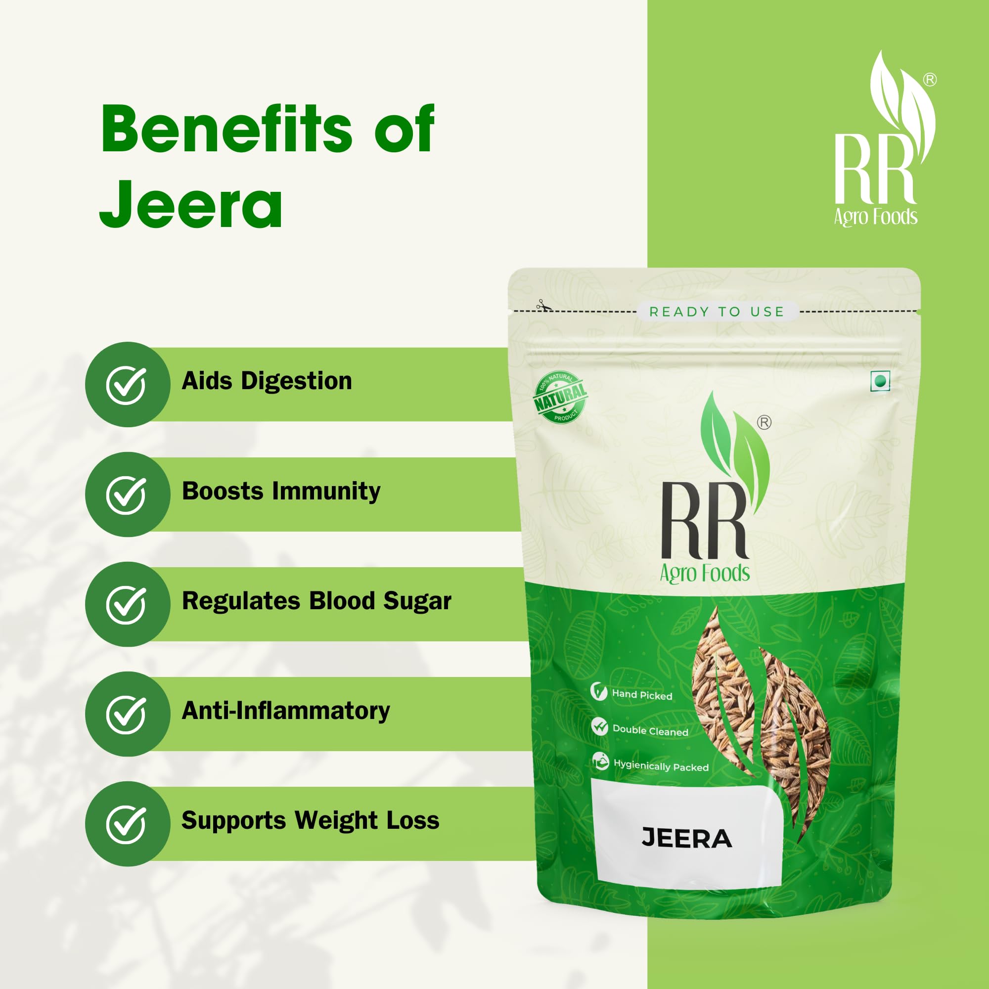 RR AGRO FOODS Whole Cumin Seed (Jeera)- Non-GMO - Rich in Antioxidants - Perfect for Cooking & Health Benefits