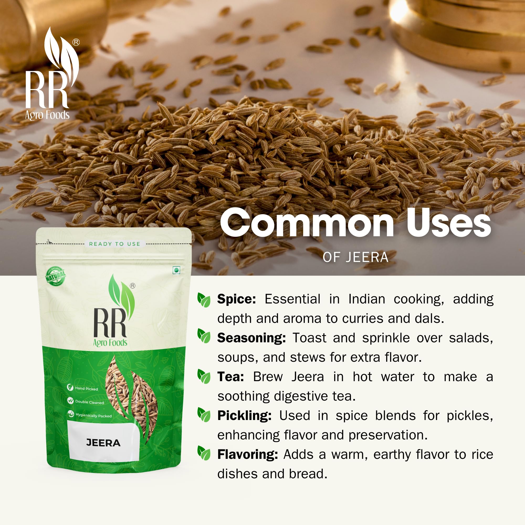 RR AGRO FOODS Whole Cumin Seed (Jeera)- Non-GMO - Rich in Antioxidants - Perfect for Cooking & Health Benefits