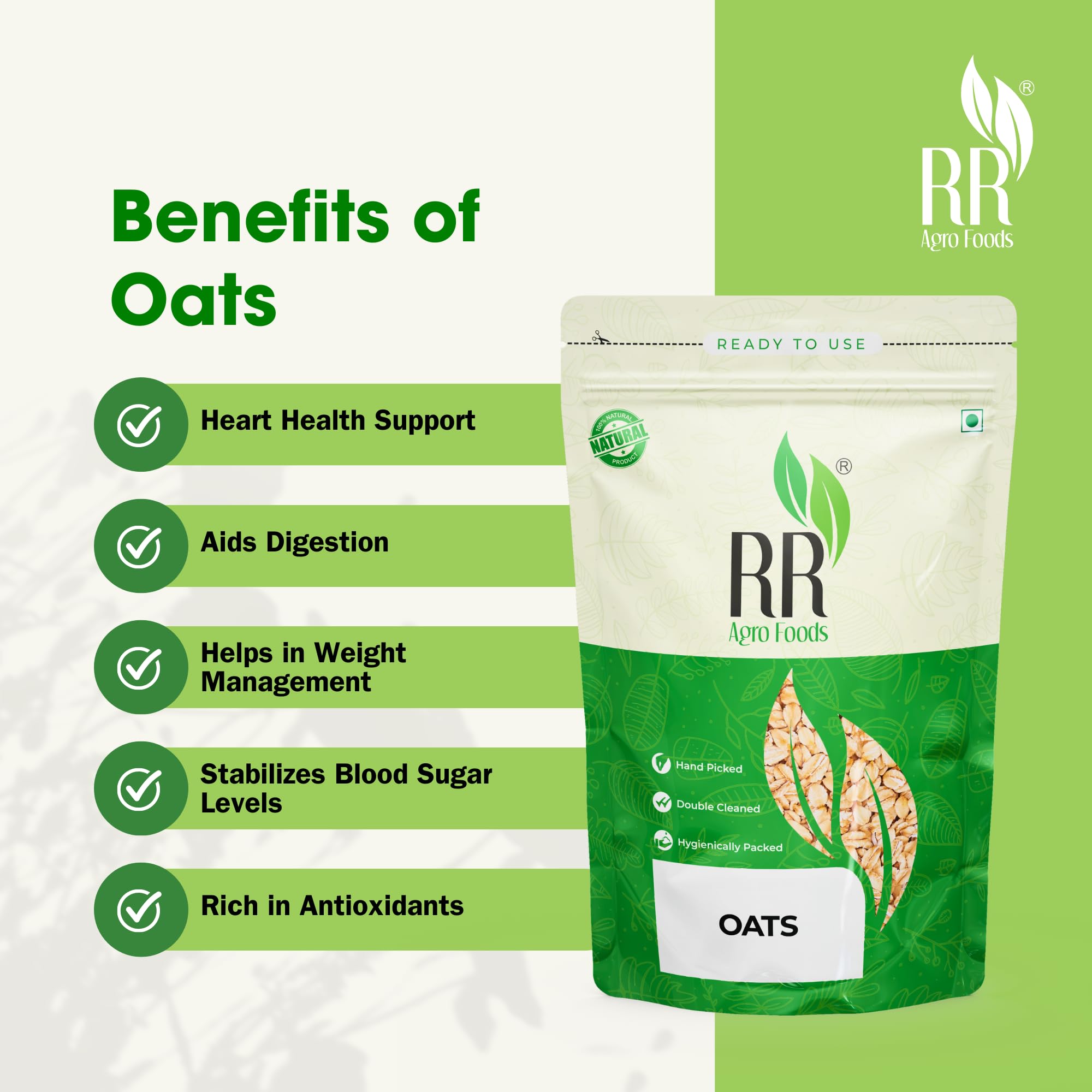 RR Agro Foods Rolled Oats | Natural, High Fiber and Protein, Gluten-Free – Ideal for Breakfast