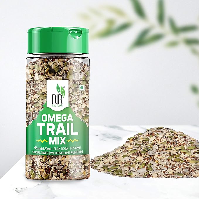 RR Agro Foods Omega Trail Mix Roasted Pumpkin, Watermelon, Sunflower, Flax, Black Sesame, White Sesame & Chia Seeds 150 GM - Diet Snacks, Healthy Food, Seeds Mix